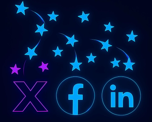 Icons for X, Facebook, and LinkedIn with stars above them, symbolizing how businesses can drive social media reviews to build trust and visibility.