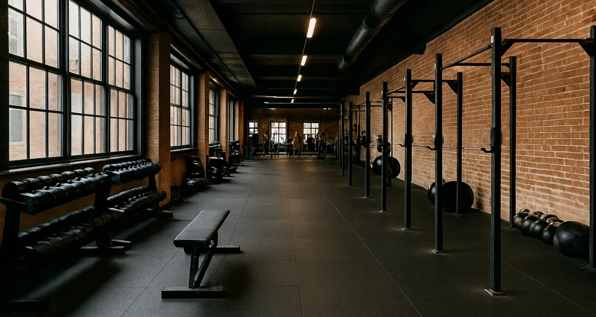 PulseFit Studio Interior view of a modern industrial-style fitness center featuring brick walls, weight racks, and professional exercise equipment.