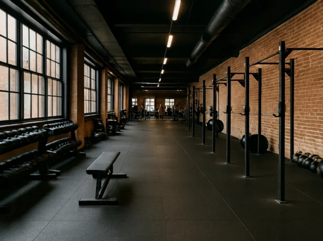 Interior view of a modern industrial-style fitness center featuring brick walls, weight racks, and professional exercise equipment.