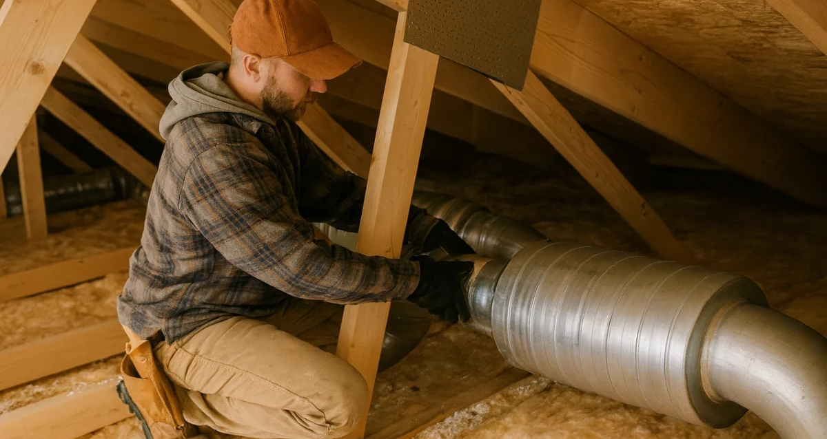 HVAC contractor HVAC contractor performing a ductwork inspection in a residential attic.