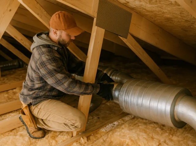 HVAC contractor performing a ductwork inspection in a residential attic.