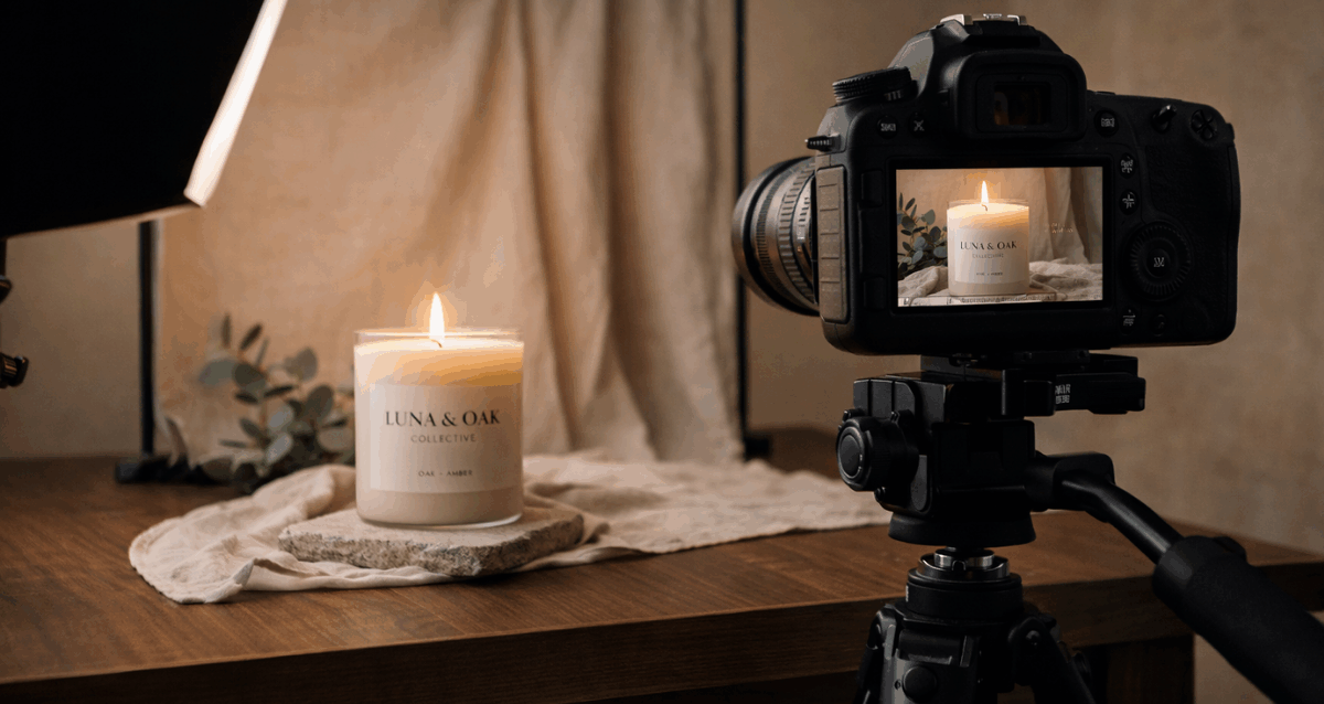 Luna & Oak Collective Professional camera setup filming a candle for high quality social media video content and product photography.