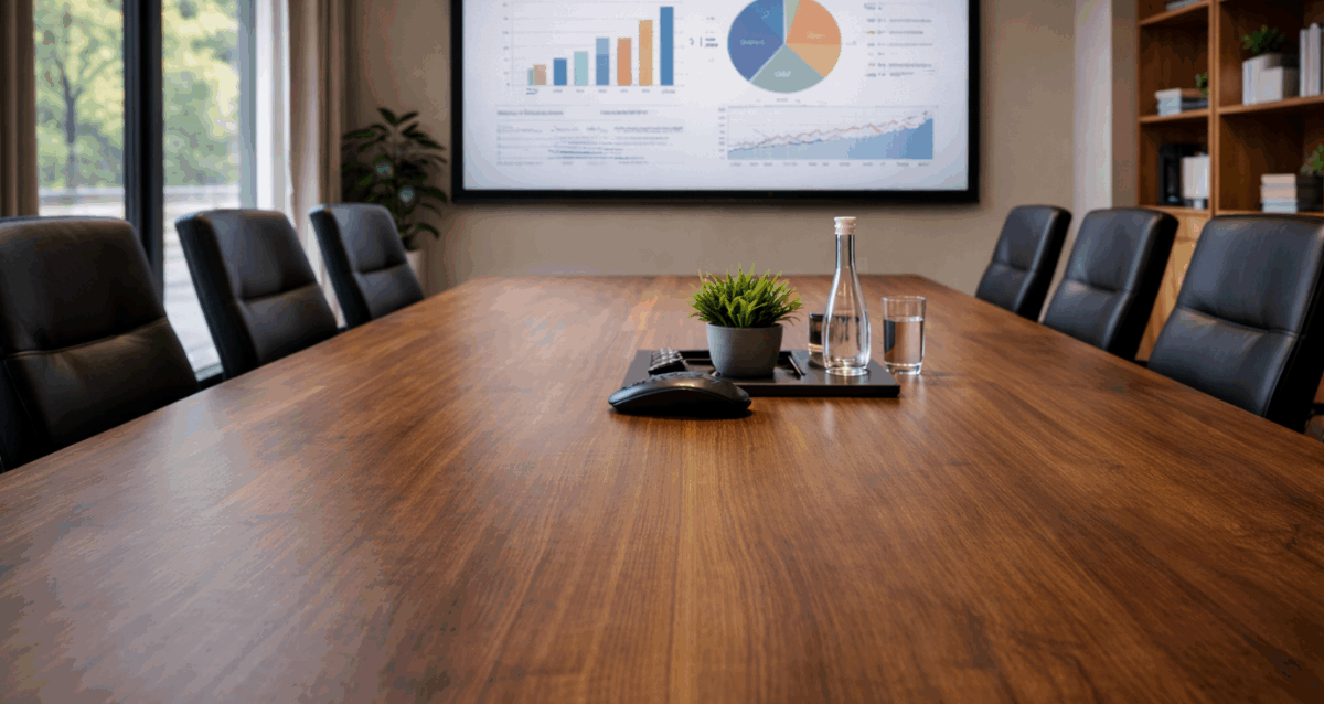 NovaCore Boardroom NovaCore boardroom presentation showing marketing strategy insights and AI data charts on a screen for executive decision-making.