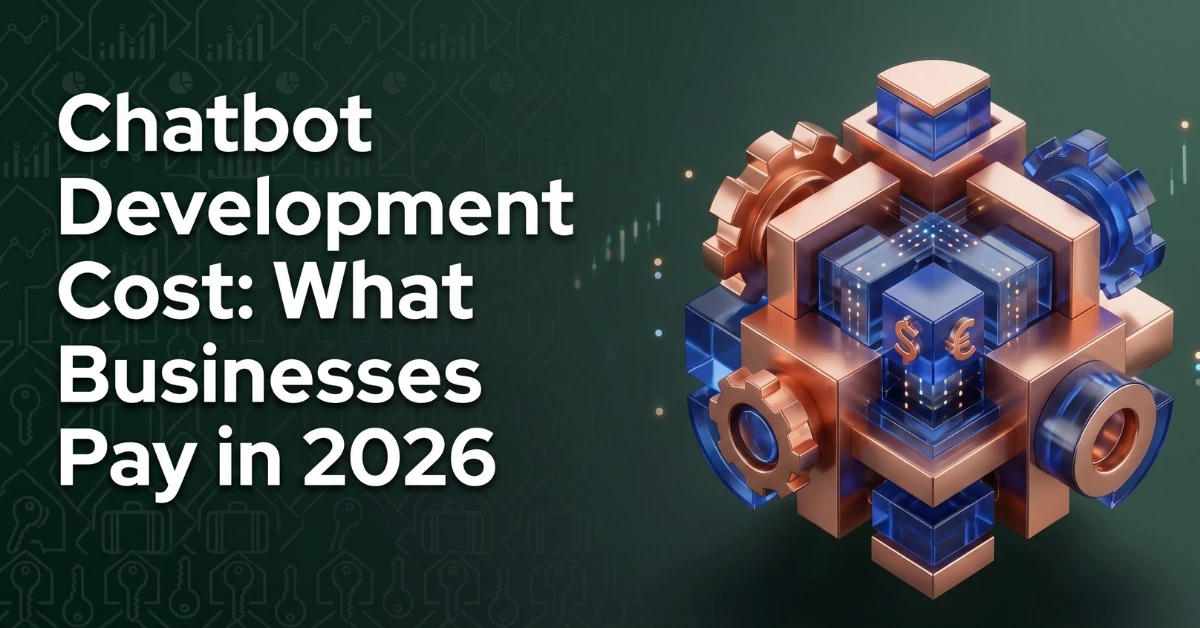 Chatbot Development Cost Feature Chatbot Development Cost: What Businesses Pay in 2026 — abstract 3D illustration of interlocking gears and a cube with dollar and euro symbols