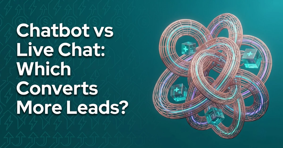 Chatbot vs Live Chat Blog Feature Chatbot vs Live Chat: Which Converts More Leads? — abstract 3D interwoven copper coils with glowing teal cubes