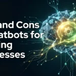 Pros and Cons of Chatbots for Growing Businesses 12 Pros and Cons of Chatbots for Growing Businesses — abstract glowing digital brain with a central gear