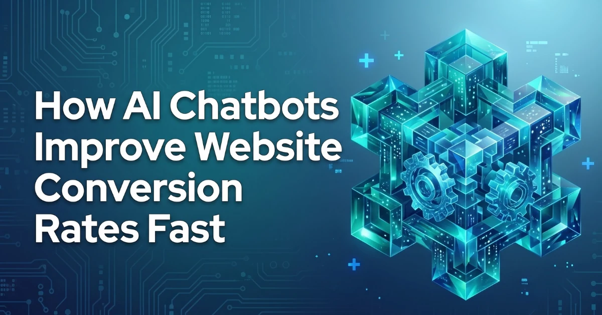 Improve Website Conversion Blog Feature How AI Chatbots Improve Website Conversion Rates Fast — abstract 3D glowing blue cube cluster with gears