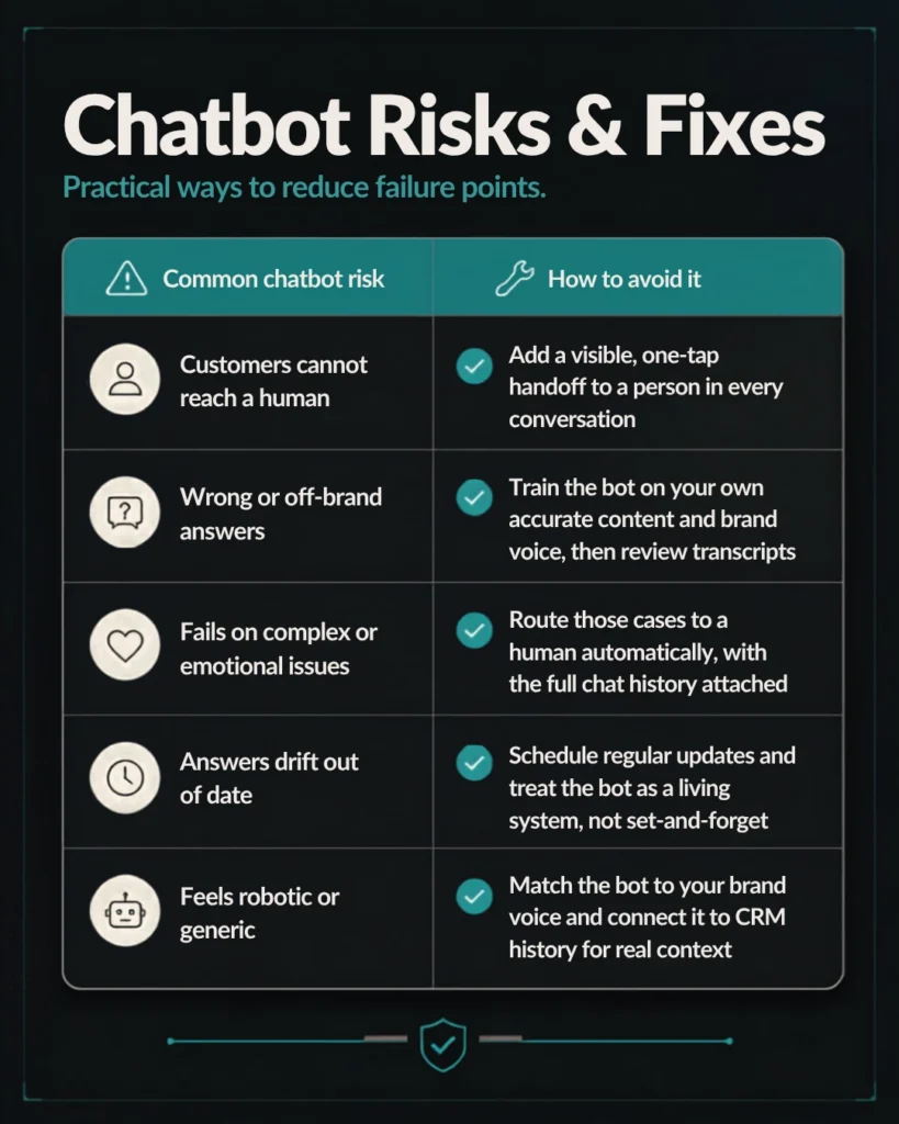 Chatbot risks and fixes: add human handoff, train on brand content, route hard cases, update often, match brand voice